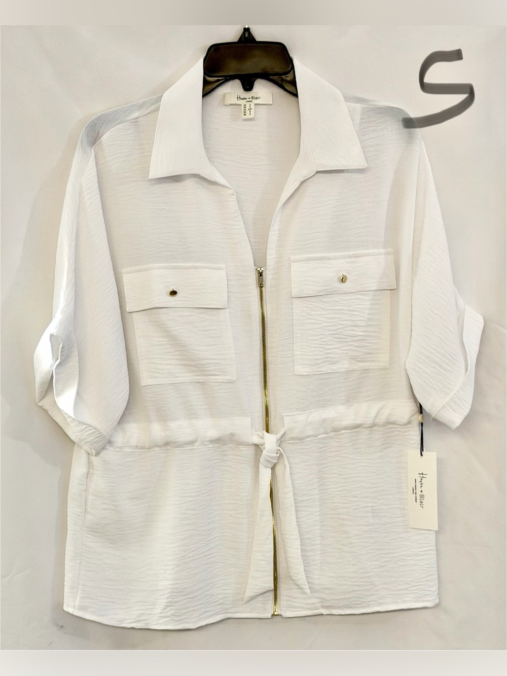Hannah & Grace White Tie-Waist Zip Front Utility Shirt